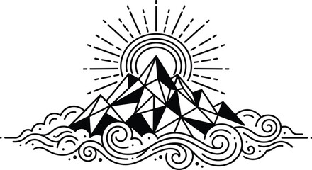 Mountain peak with abstract dreamlike sunrise vector landscape.