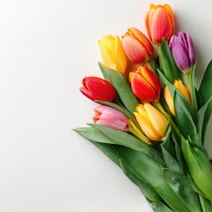 Obraz premium Colorful tulips bouquet with yellow, red, orange, pink, and purple blooms