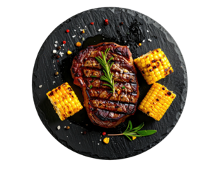 Grilled steak with corn, rosemary on a dark plate