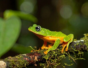 Fototapeta premium A small, vibrant green frog perched on a branch