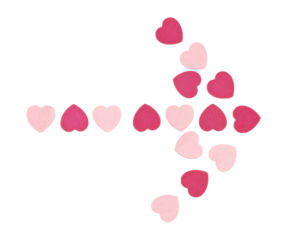 wooden pink and red hearts in shape of a pointer isolated on white background, top view, transparent