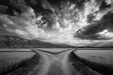 Forked path leads to mountains under a dramatic, cloudy sky in monochrome