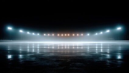 Illuminated ice rink at night, bright spotlights reflecting on the surface