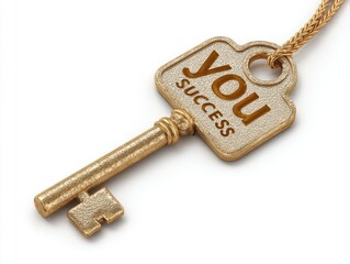 Golden key with "YOU SUCCESS" engraving on chain against white background