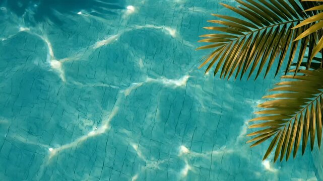 Frog inflatable float and donut ring in swimming pool with palm leaves overhead. Green frog toy floats near pink donut. Pool water shows frog and donut. Summer pool toys floating in turquoise water.