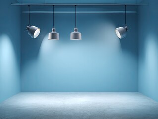Empty blue room with four spotlights, concrete floor, minimalist setup