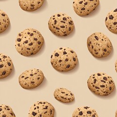 Seamless pattern of chocolate chip cookies on a tan background, top-down view