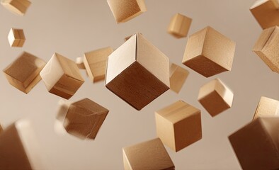 Many wooden cubes float in the air. Light brown, geometric shapes, abstract