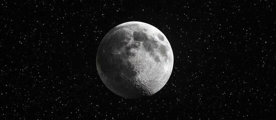 Cratered moon, grayscale, surrounded by stars in dark space backdrop