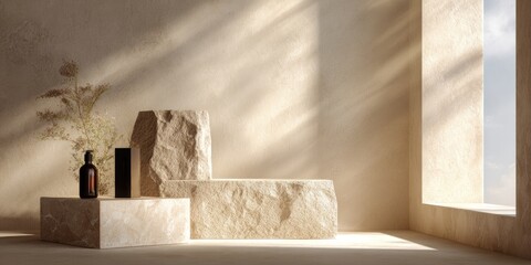 Stone product display, beige room, dappled light, bottle & black box on block