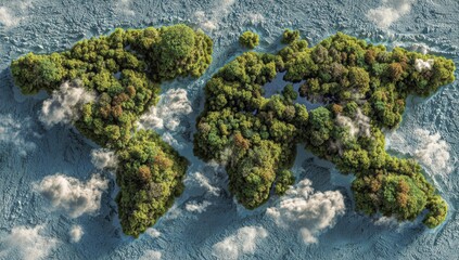 World map shaped from green foliage, forests, surrounded by water and clouds