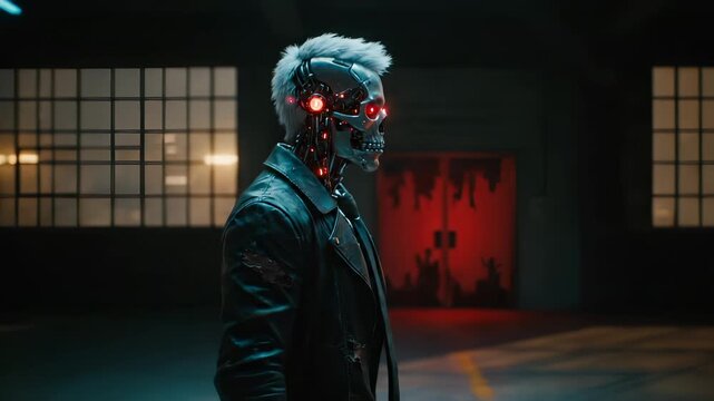 Cyborg skull robot stands with glowing red eyes in dark room. Terminator wears leather jacket showing metal skeleton. Robot cyborg profile in futuristic space. Skull terminator with red eyes.