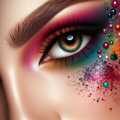 Creative close-up beauty portrait of female eye with colorful artistic makeup