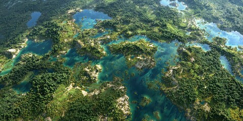 Aerial view of a lush green landscape with blue waterways and small islands