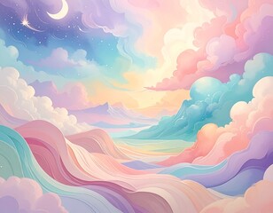 星と月に包まれるファンタジーの風景　パステルカラー　美しい　夢　世界
