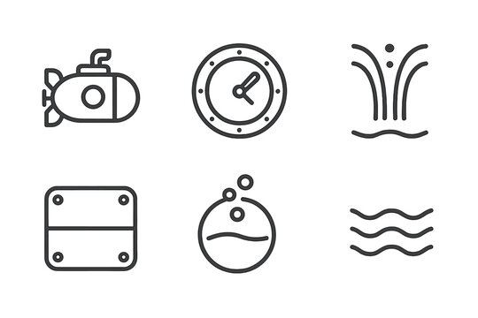 Bathysphere Icon Design. Line style icons of Bathysphere Hatch Route: compact sub shape, hatch circle, pressured water arcs, hull