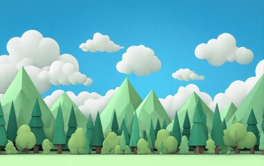 Low-poly landscape mountains, trees, clouds, and sky, stylized cartoon art