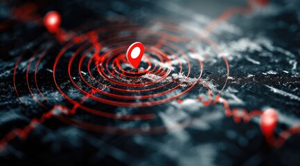 Abstract map with red markers and concentric circles on a blurred background