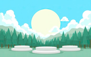 Three platforms face forest & mountain background under bright sky