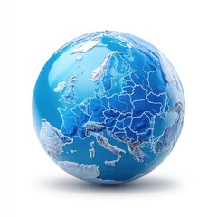 Blue stylized globe showing Europe, terrain, and boundaries, casting a shadow