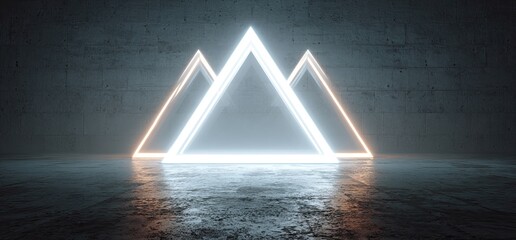 Three glowing triangle portals in a dark, futuristic concrete room