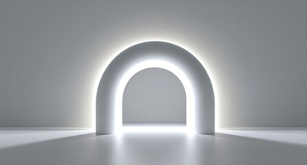 Backlit half-circle archway in a minimalist, bright, and smooth white space