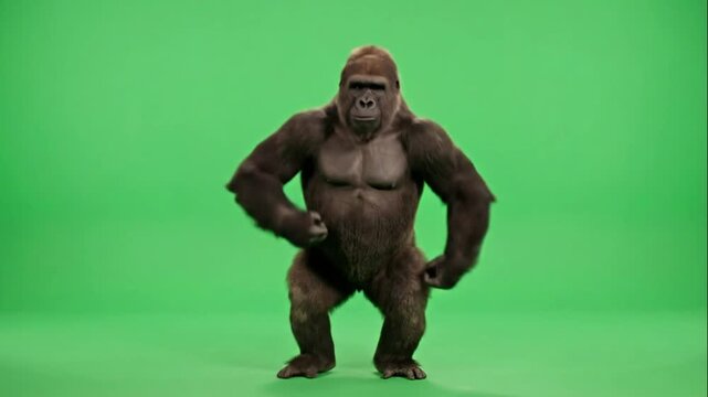 Strong gorilla dancing and beating chest on green screen