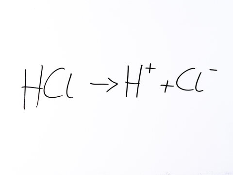 Minimal handwritten equation &ldquo;HCl &rarr; H⁺ + Cl⁻&rdquo; representing the dissociation of hydrochloric acid into ions.