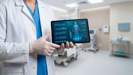 Profissional de saúde utilizando inteligência artificial em tablet com interface médica digital em ambiente hospitalar moderno com espaço para textO © Lucas