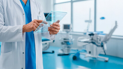 Fototapeta premium Profissional de saúde utilizando inteligência artificial em tablet com interface médica digital em ambiente hospitalar moderno com espaço para textO
