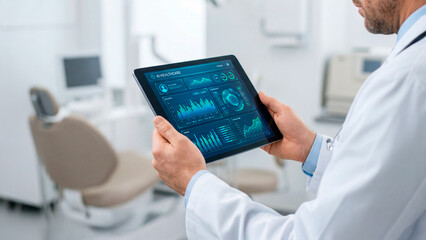 Profissional de saúde utilizando inteligência artificial em tablet com interface médica digital em ambiente hospitalar moderno com espaço para textO © Lucas