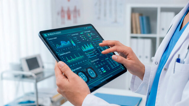 Profissional de saúde utilizando inteligência artificial em tablet com interface médica digital em ambiente hospitalar moderno com espaço para textO - Powered by Adobe