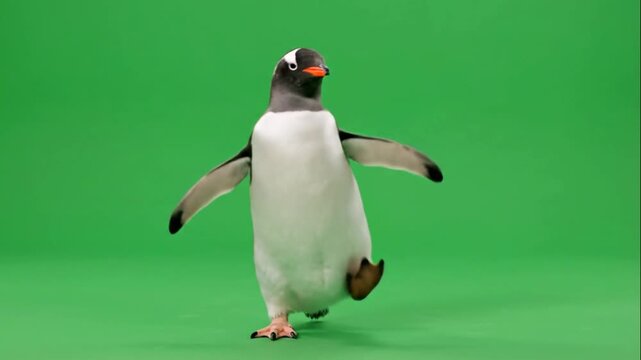 Funny penguin dancing and waddling on green screen background