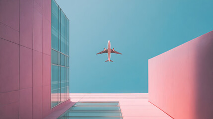 Upward Gaze: Airplane in Azure Skies with Pink Buildings