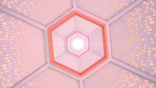 Pink digital tunnel with glowing data particles moving forward. High-quality front view background for networking, high-speed internet, fintech and sci-fi concepts.