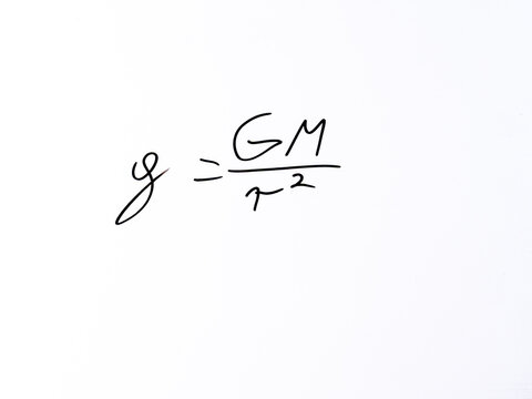Minimal handwritten gravitational formula &ldquo;g = GM / r&sup2;&rdquo; on a white background. Concept representing gravitational field strength near massive bodies.