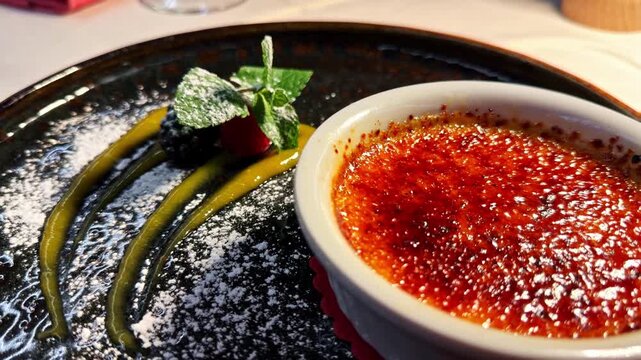 Close up shot of a delicious creme brulee dessert dish.
