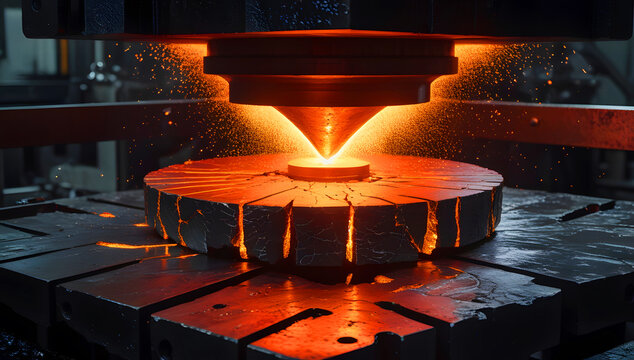 Glowing Hot Metal Forging Process with Hydraulic Press in Industrial Factory