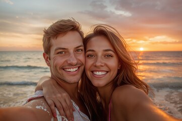 Smiling couple taking sunset beach selfie