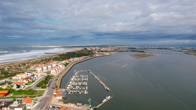 Aerial view of Costa Nova and Aveiro coastline in Portugal