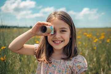 Girl peering through cardboard telescope in meadow