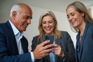 Colleagues gathered looking at phone in office