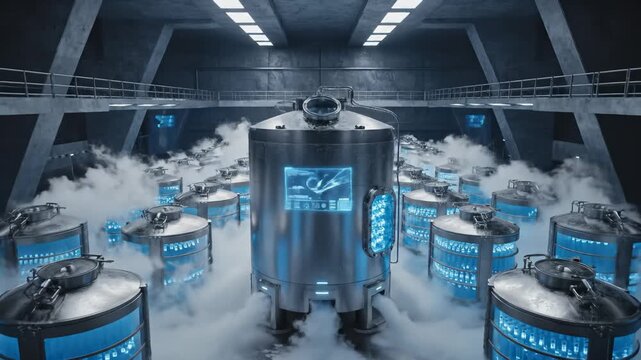 Liquid Nitrogen Cryogenic Storage Containers Releasing Vapors in Laboratory