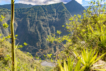 Mafate Circus Galets river and mountains in Reunion Island in Indian Ocean