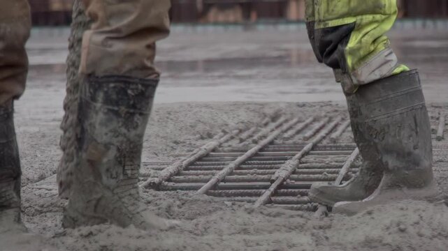 Workers in muddy boots at construction site in slow motion