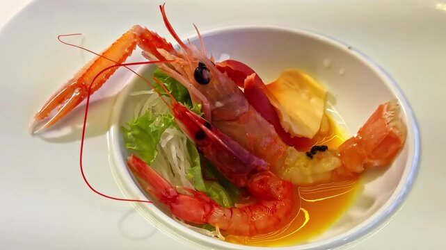 Camera moves in on a plated mix of shrimp and langoustines in a gourmet setting.