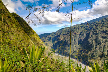 Mafate Circus Galets river and mountains in Reunion Island in Indian Ocean