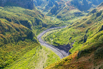 Mafate Circus Galets river and mountains in Reunion Island in Indian Ocean