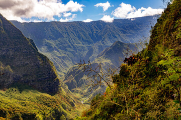 Mafate Circus Galets river and mountains in Reunion Island in Indian Ocean