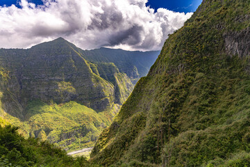 Mafate Circus Galets river and mountains in Reunion Island in Indian Ocean